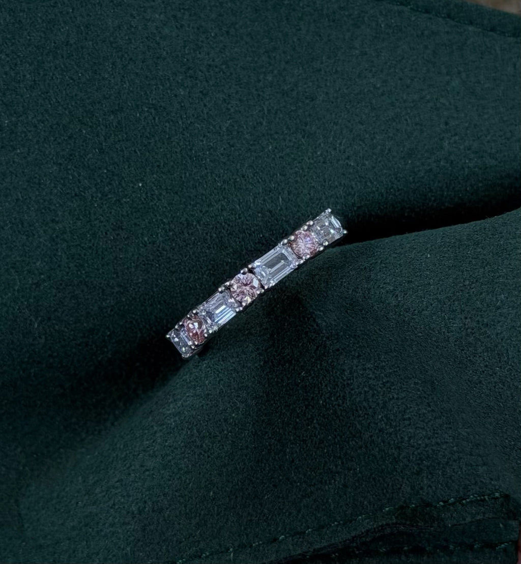 Pink Diamond and Emerald Wedding Band set with 18k white gold 